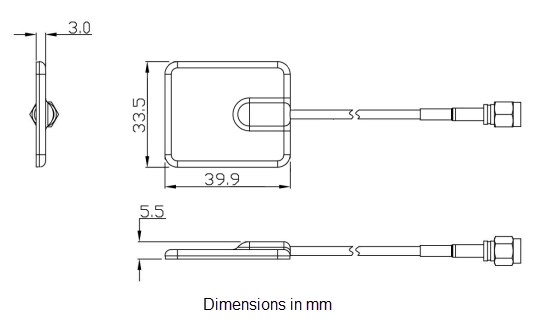 Mechanical Drawing - Siretta Alpha 14 5G/4G High Gain Adhesive Patch Antennas